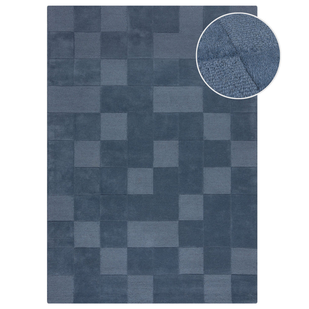 tapis bleu a damier en laine de haute qualite;#couleur_bleu