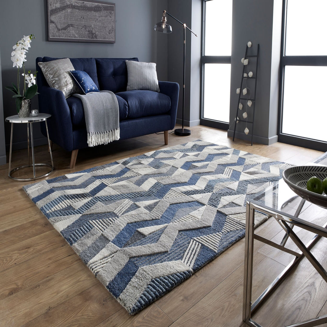 tapis design en laine bleu et gris