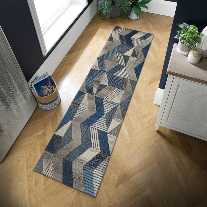 tapis pour entree en laine de couleur gris et bleu