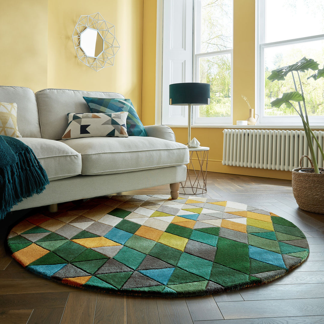 tapis rond en laine vert jaune et beige